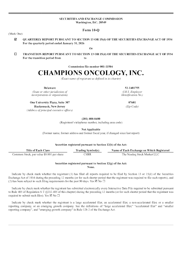Champions Oncology Inc. 2026年季度报告