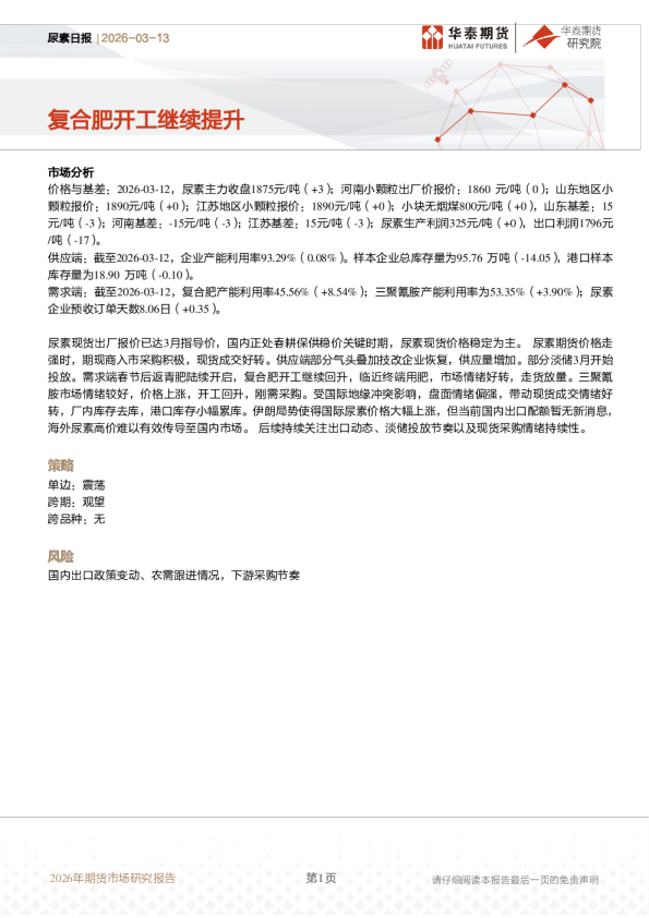 尿素日报:复合肥开工继续提升