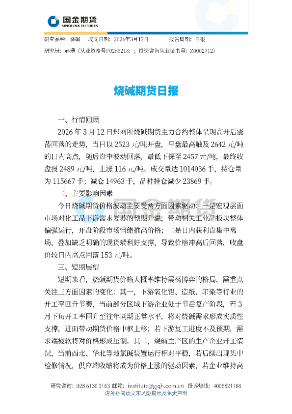 烧碱期货日报