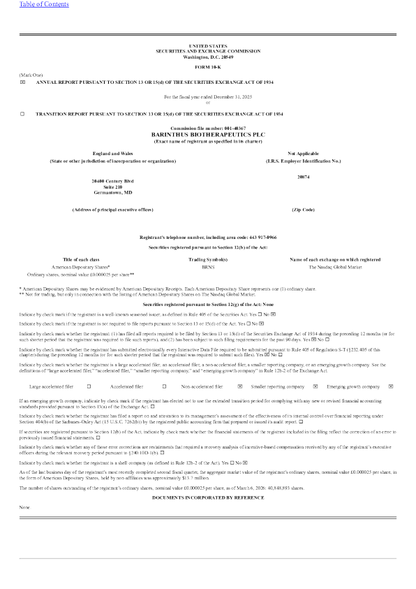Barinthus Biotherapeutics plc ADR 2025年度报告