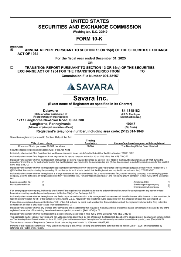 Savara Inc 2025年度报告