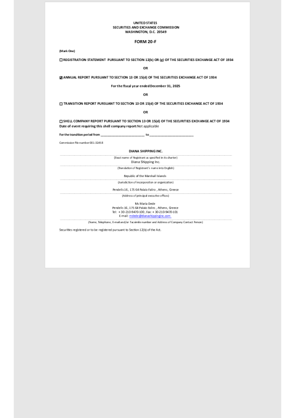 黛安娜船舶 2026年年度报告和过渡报告