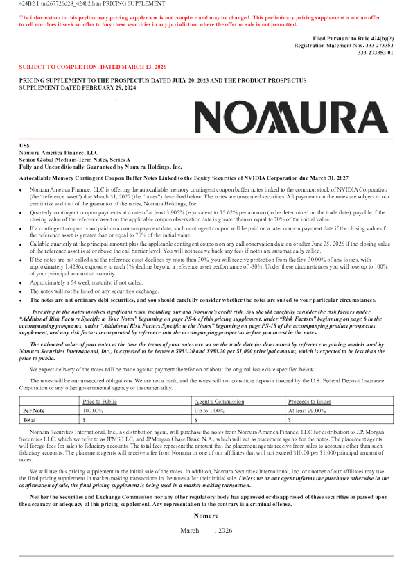 野村控股美股招股说明书(2026-03-13版)