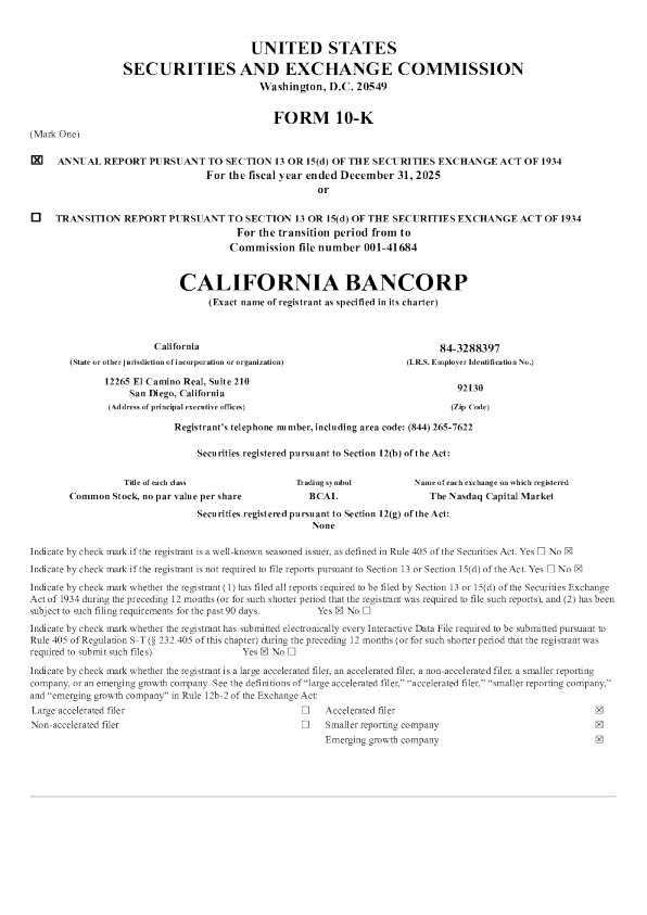 California BanCorp 2025年度报告