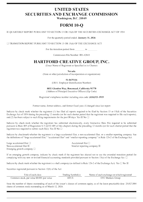 Hartford Creative Group Inc 2026年季度报告