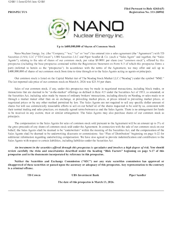 Nano Nuclear Energy Inc美股招股说明书(2026-03-13版)
