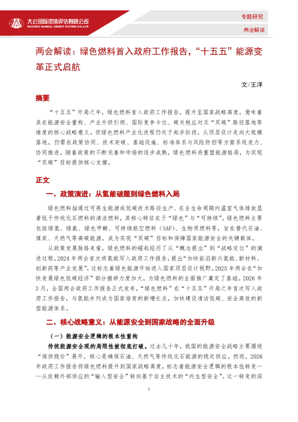 两会解读：绿色燃料首入政府工作报告，“十五五”能源变革正式启航
