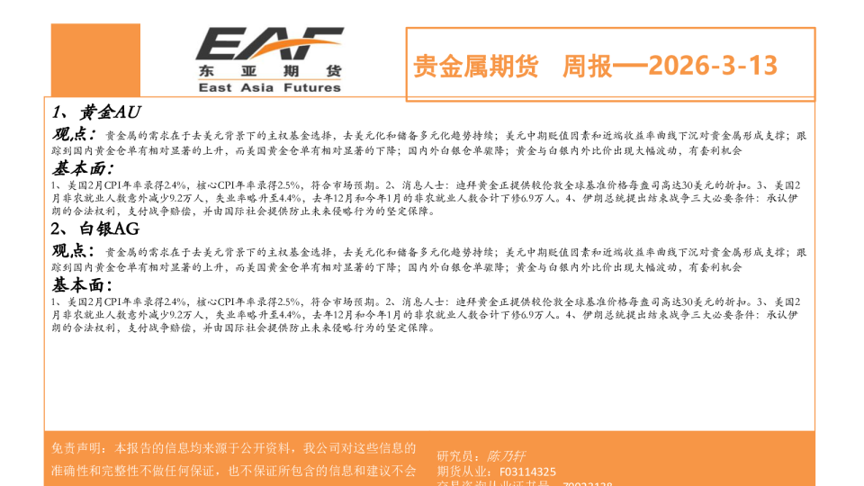 东亚期货贵金属期货周报