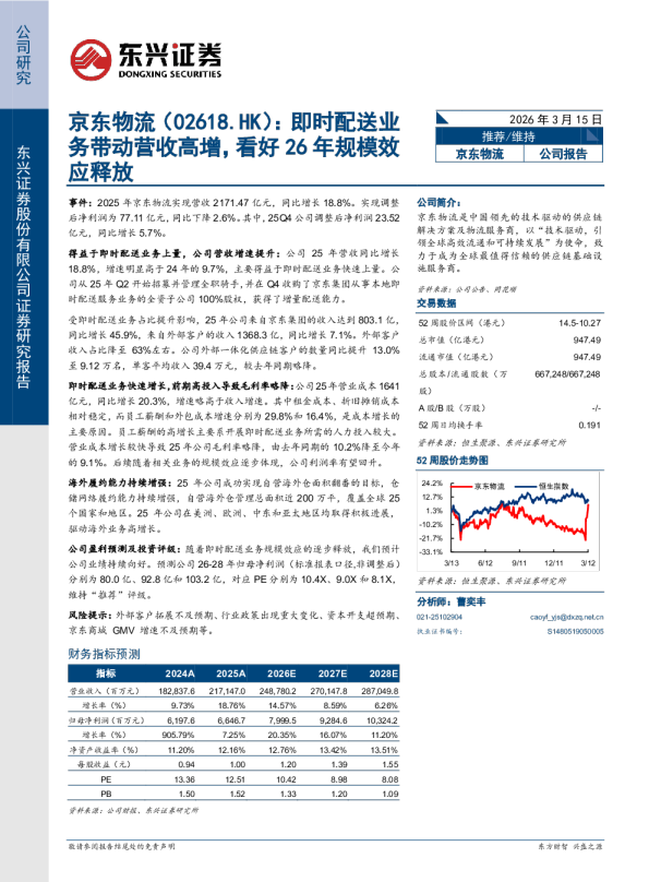 京东物流(02618.HK):即时配送业务带动营收高增,看好26年规模效应释放