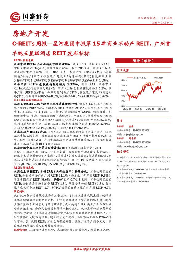 C-REITs周报：星河集团申报第15单商业不动产REIT，广州首单纯五星级酒店REIT发布招标