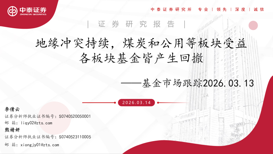 基金市场跟踪:地缘冲突持续,煤炭和公用等板块受益