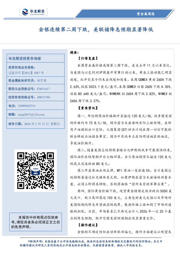 贵金属周报:金银连续第二周下跌,美联储降息预期显著降低