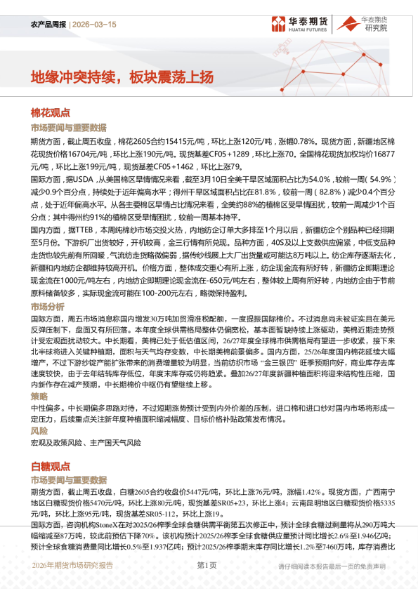 农产品周报：地缘冲突持续，板块震荡上扬
