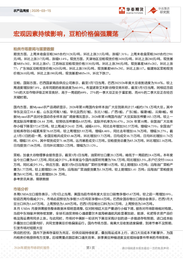 农产品周报:宏观因素持续影响,豆粕价格偏强震荡