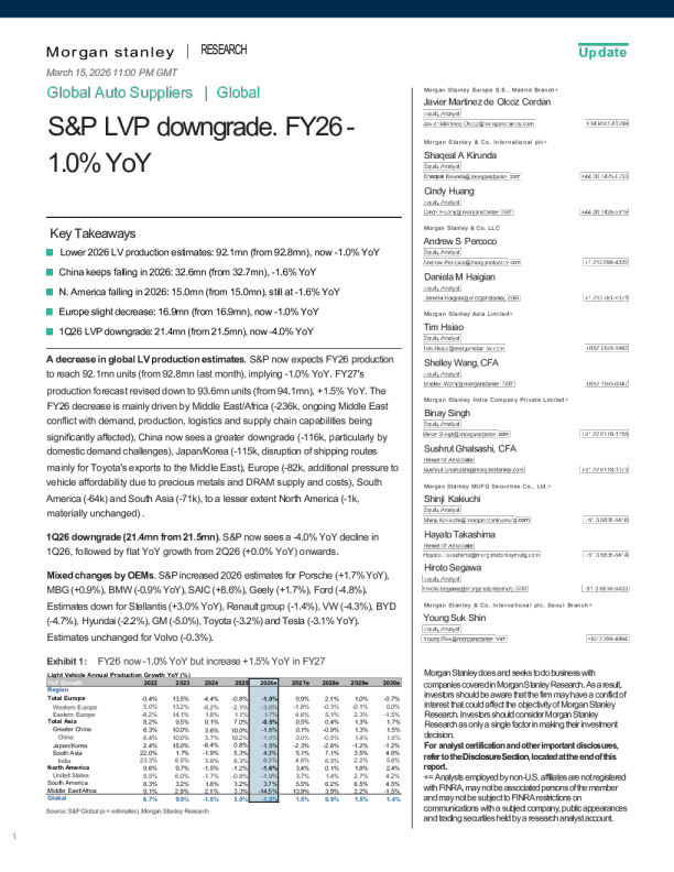 全球汽车供应商 | 全球标普轻型车产量下调：2026财年同比下降1.0%