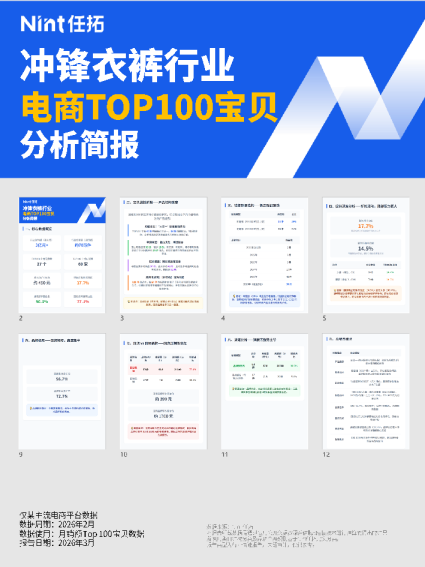 冲锋衣裤行业：电商TOP100宝贝分析简报