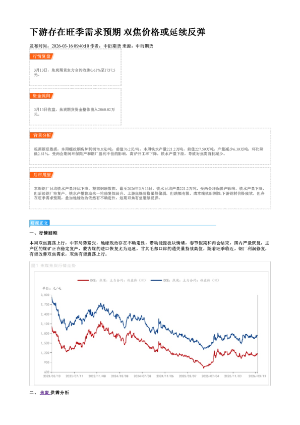 下游存在旺季需求预期 双焦价格或延续反弹