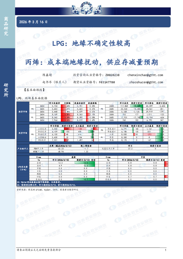 LPG：地缘不确定性较高 丙烯：成本端地缘扰动，供应存减量预期