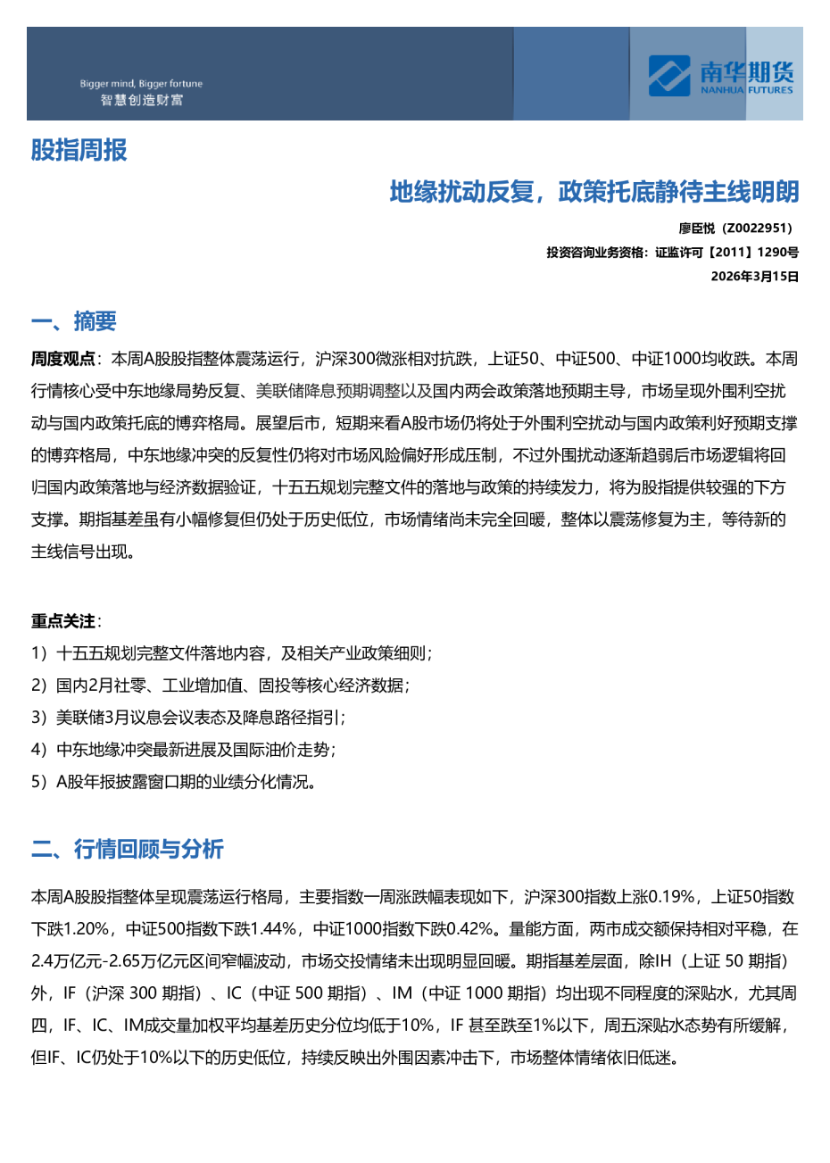 股指周报:地缘扰动反复,政策托底静待主线明朗
