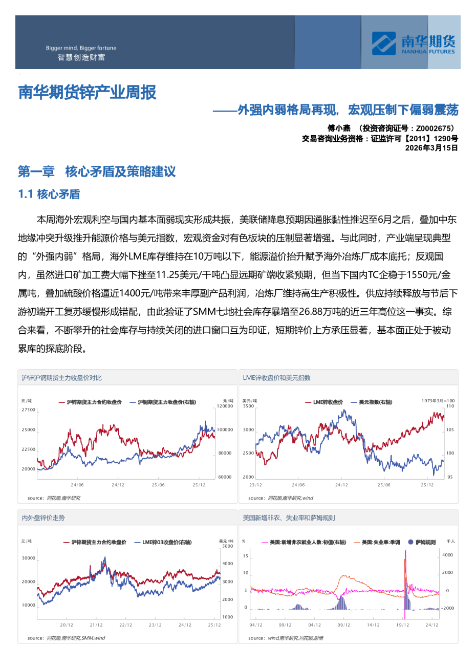 南华期货锌产业周报：外强内弱格局再现，宏观压制下偏弱震荡