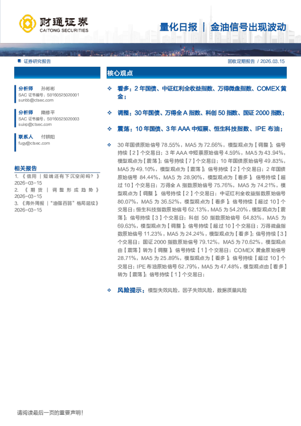 量化日报金油信号出现波动