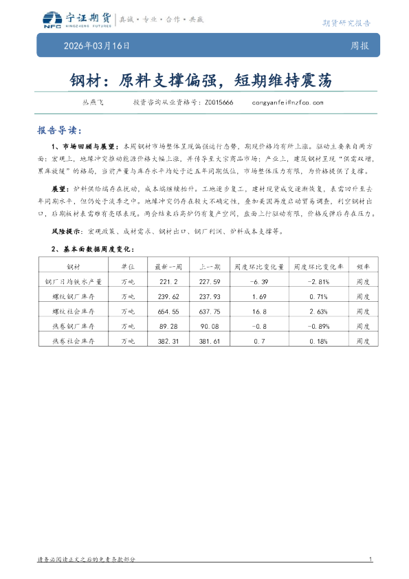 钢材：原料支撑偏强，短期维持震荡