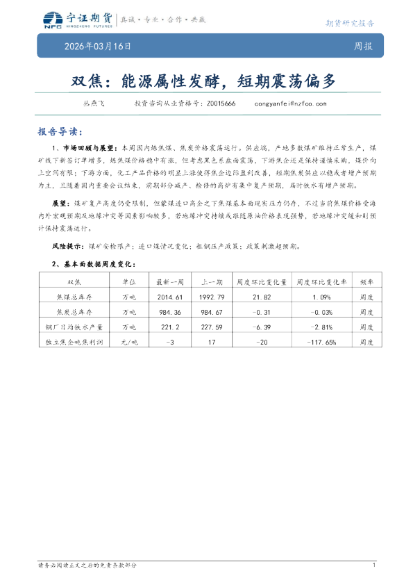 双焦:能源属性发酵,短期震荡偏多