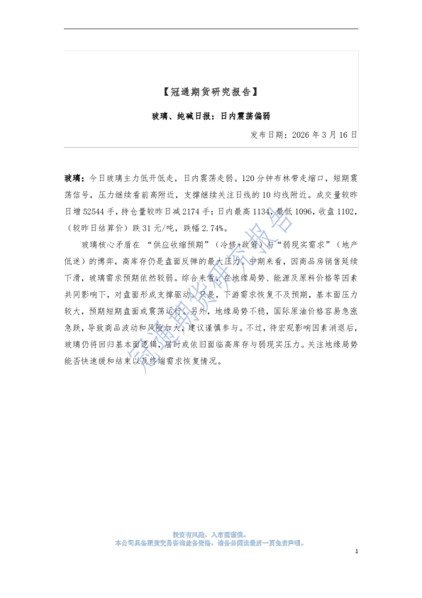 玻璃、纯碱日报：日内震荡偏弱