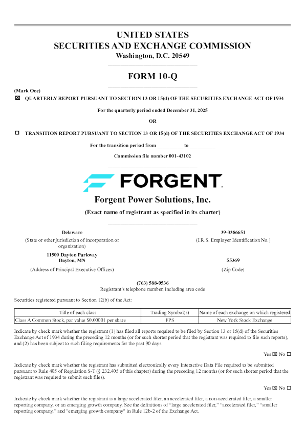 Forgent Power Solutions Inc-A 2026年季度报告