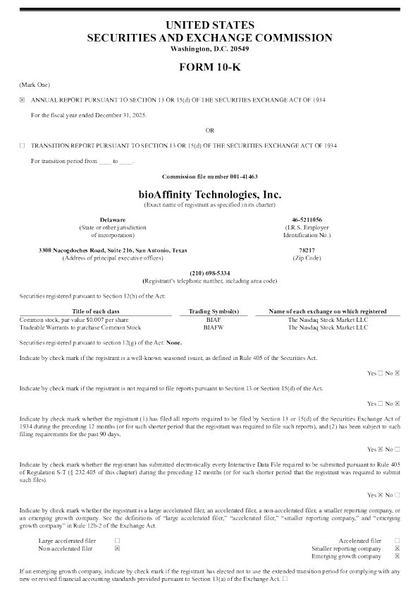 bioAffinity Technologies Inc 2025年度报告