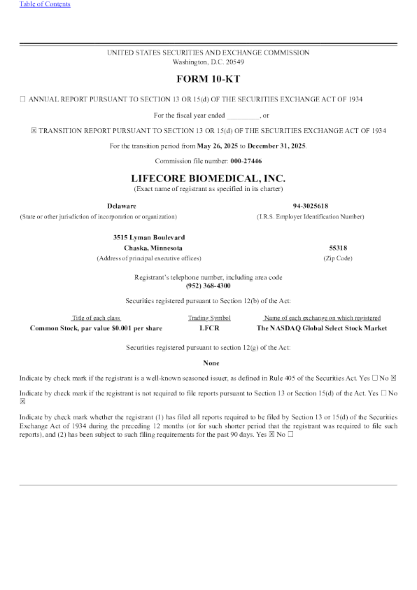 Lifecore Biomedical Inc 2025年度报告