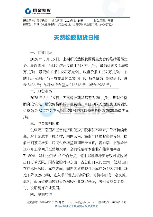 天然橡胶期货日报