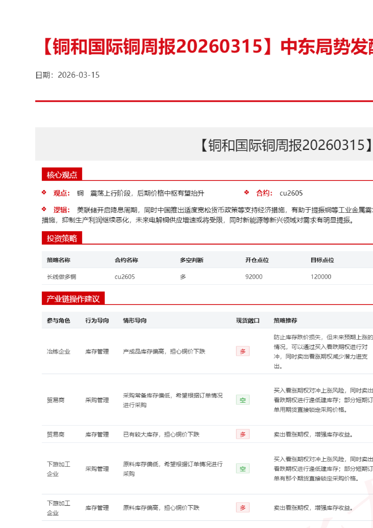 【铜和国际铜周报】中东局势发酵，铜价弱势震荡