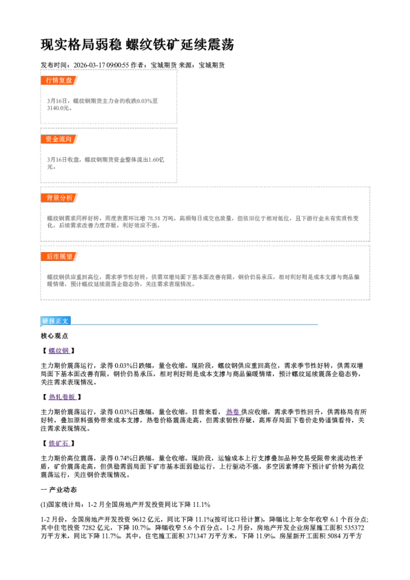 现实格局弱稳 螺纹铁矿延续震荡