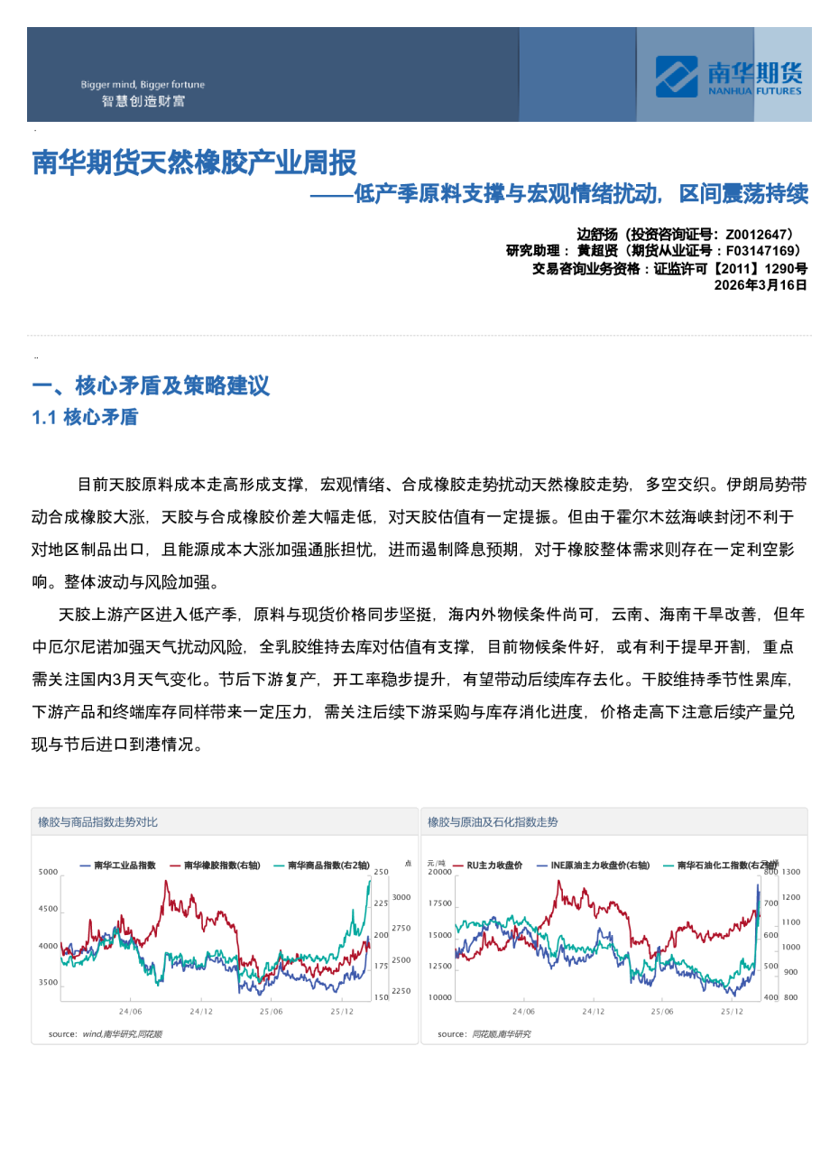 南华期货天然橡胶产业周报：低产季原料支撑与宏观情绪扰动，区间震荡持续