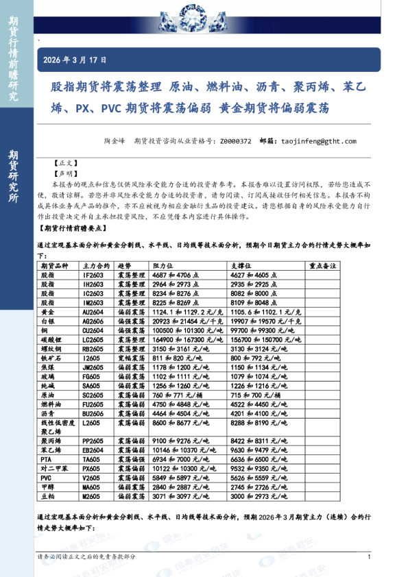 股指期货将震荡整理原油、燃料油、沥青、聚丙烯、苯乙烯、PX、PVC期货将震荡偏弱黄金期货将偏弱震荡