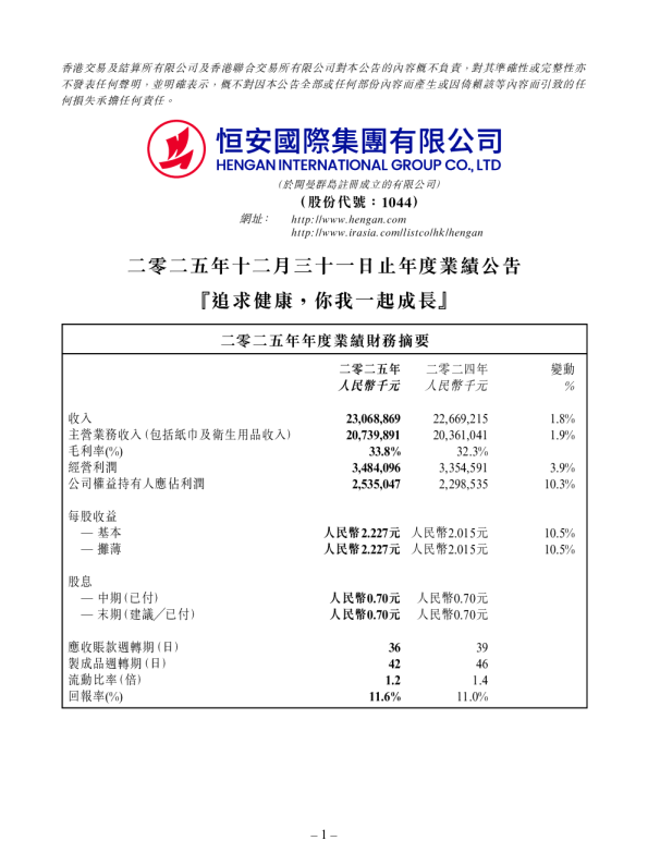 恒安国际：二零二五年十二月三十一日止年度业绩公告