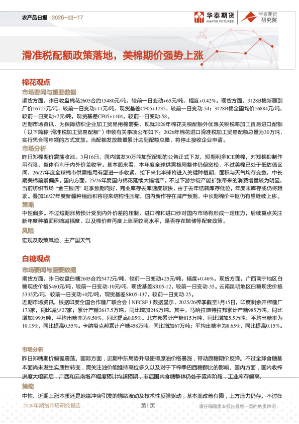 农产品日报：滑准税配额政策落地，美棉期价强势上涨