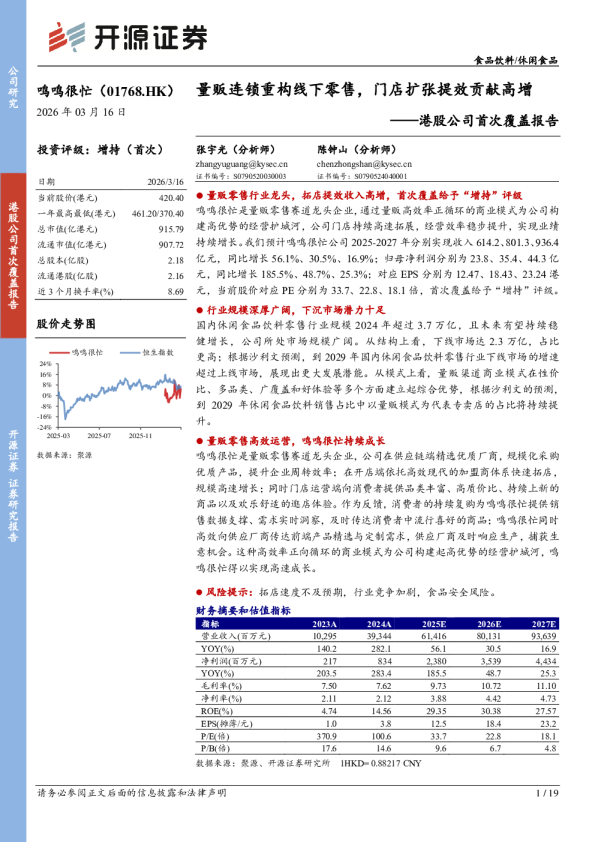 量贩连锁重构线下零售，门店扩张提效贡献高增——港股公司首次覆盖报告