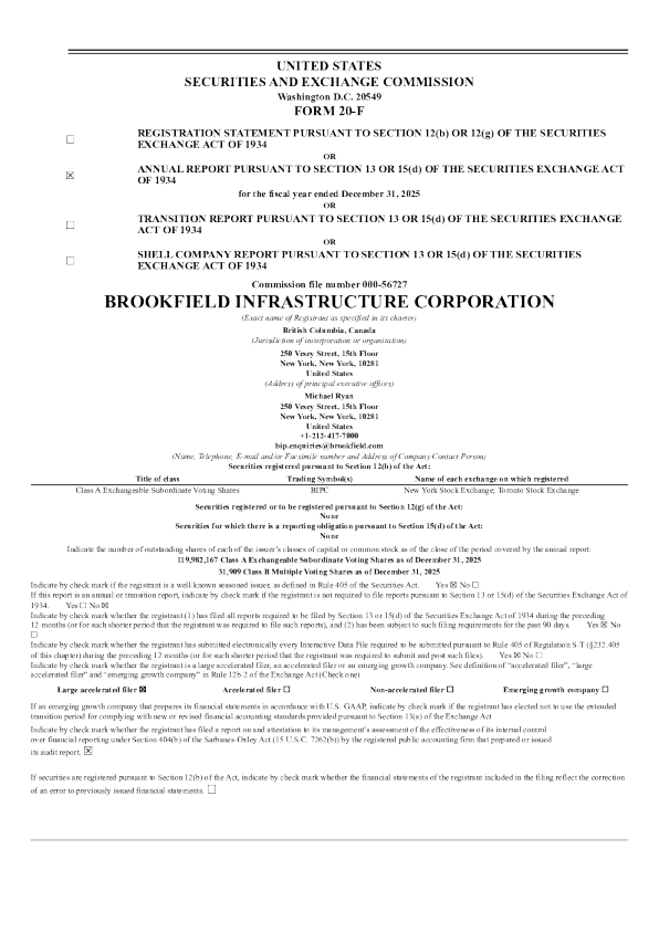 Brookfield Infrastructure Corp-A 2026年年度报告和过渡报告
