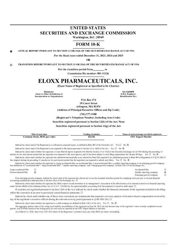 Eloxx Pharmaceuticals Inc 2025年度报告