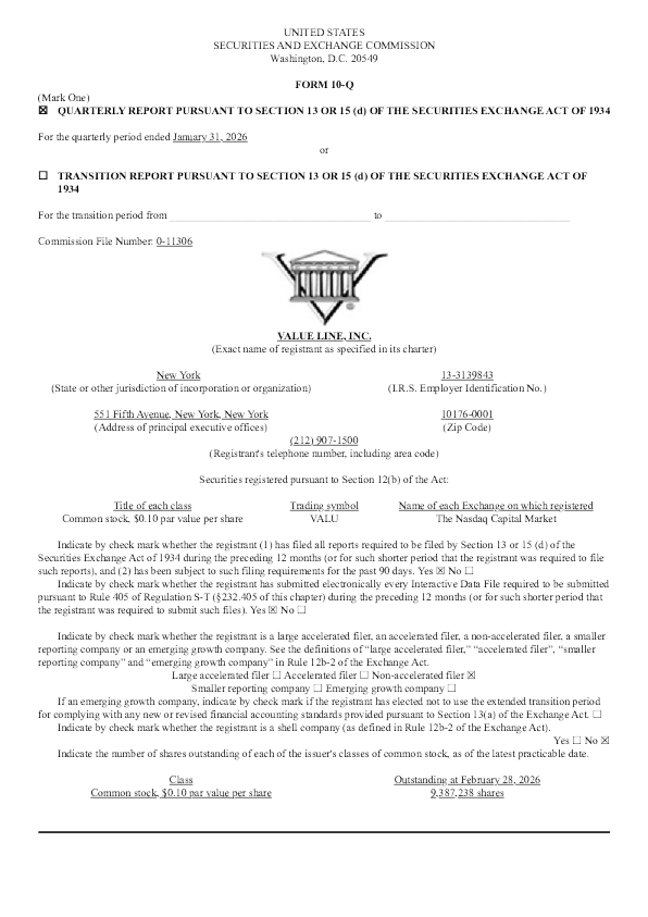 Value Line Inc. 2026年季度报告