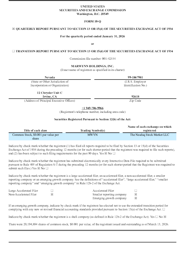 Marwynn Holdings Inc 2026年季度报告
