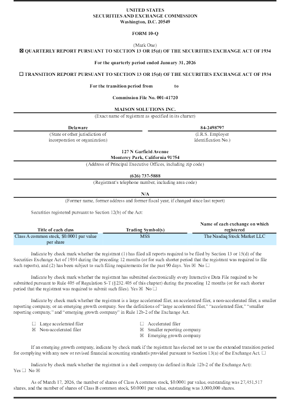 Maison Solutions Inc-A 2026年季度报告