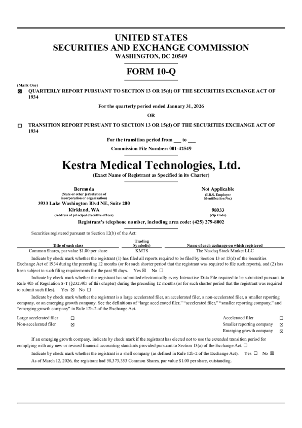 Kestra Medical Technologies Ltd 2026年季度报告