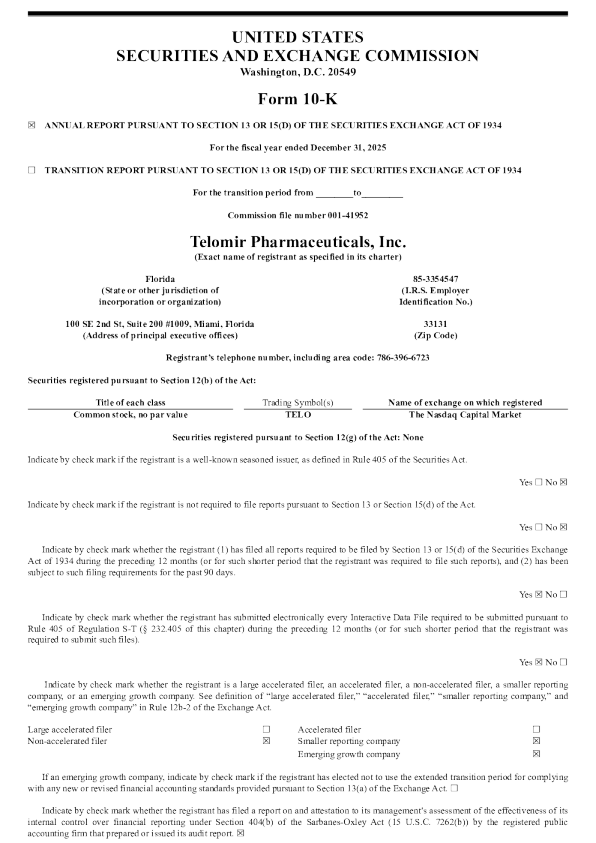 Telomir Pharmaceuticals Inc 2025年度报告