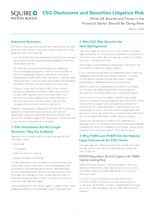 ESG披露和证券诉讼风险：英国董事会和金融部门现在应该做什么？
