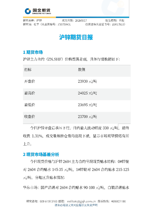 沪锌期货日报