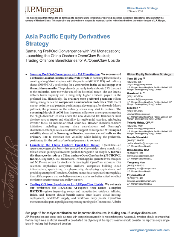 亚太股票衍生品策略：三星优先股/普通股收敛与波动率变现；推出中国在岸OpenClaw一篮子产品；交易离岸受益标的，把握AI/OpenClaw上行机会