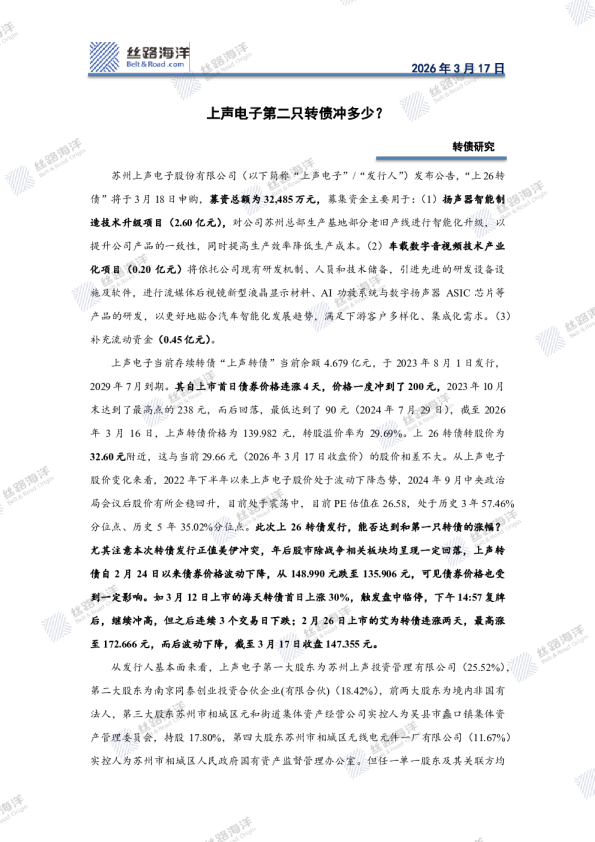 转债研究：上声电子第二只转债冲多少？